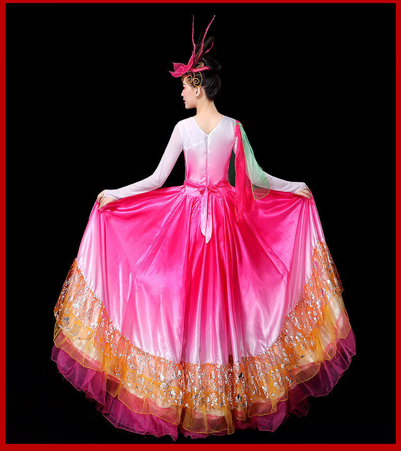 2021新款大气渐变色开场舞大摆裙演出服舞台舞蹈服装歌伴舞长裙 黄色