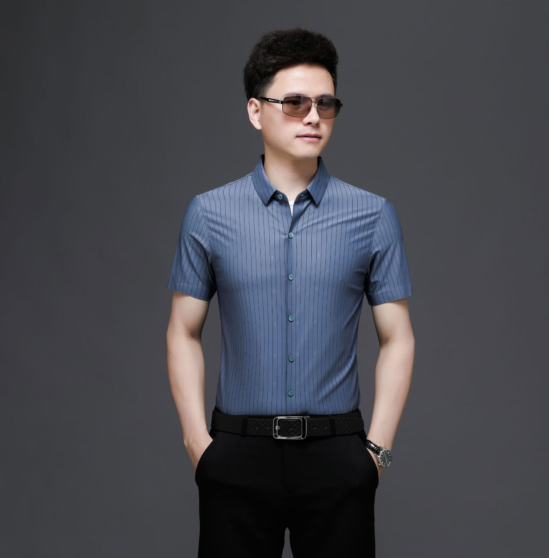 皮尔卡丹寸杉男士夏装新款条纹衬衫短袖衬衫夏季潮牌时尚装商务潮流