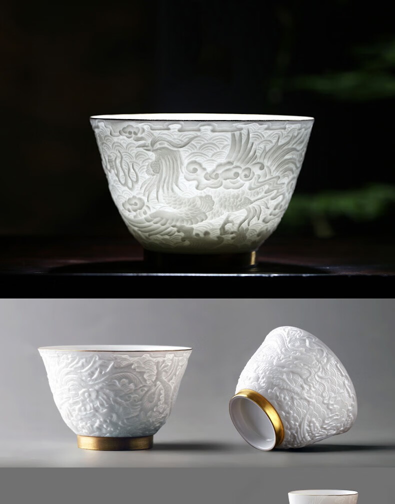 石话石说(shihuashishuo) 手工雕刻龙茶杯家用陶瓷浮雕主人杯功夫茶具