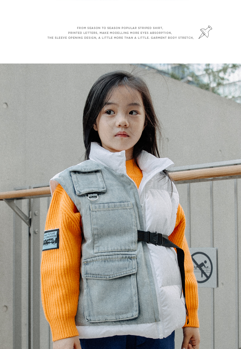 suntomorrow牛仔拼接儿童马甲秋冬2021新款白鸭绒潮牌童装羽绒服漂白