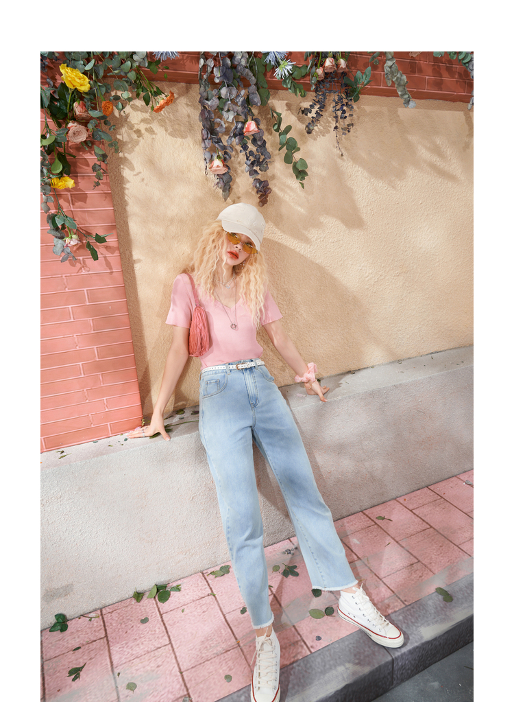 【新款】妖精的口袋腰部镂空牛仔裤女2021秋季浅色高腰阔腿宽松潮