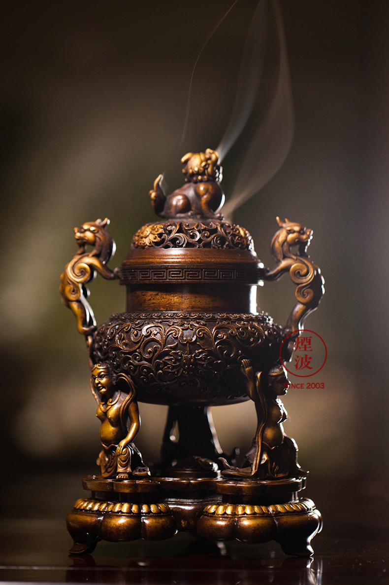 烟波 陈巧生巧生炉带座螭龙耳三力士托足熏炉手工仿古纯铜炉香炉宣德