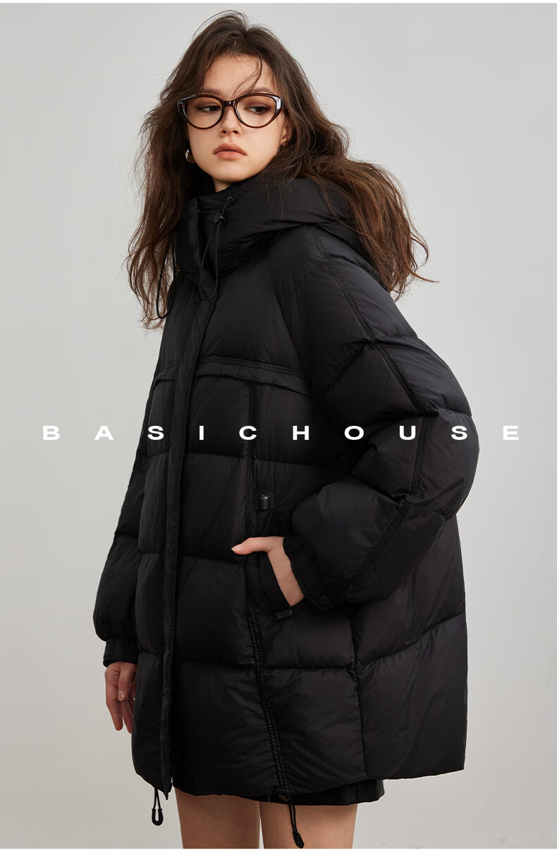 BASIC HOUSE百家好粉色中长粉色宽松2024冬季鸭绒款连帽羽绒服女2024冬季宽松鸭绒外套 粉色 M详情图片15