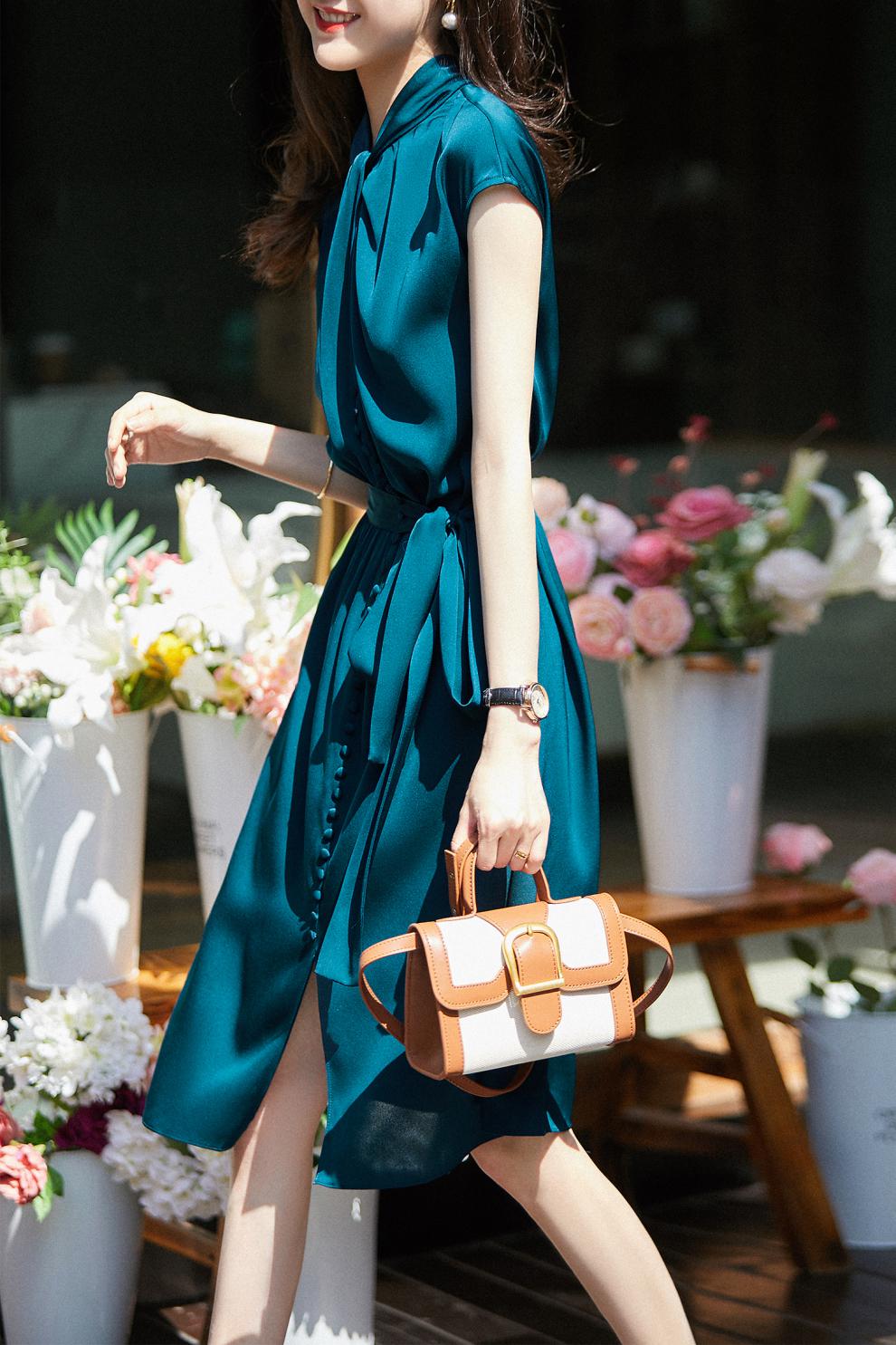 【售卖】颜甸法式蓝色系带连衣裙女2021夏季新款气质优雅女裙子宽松