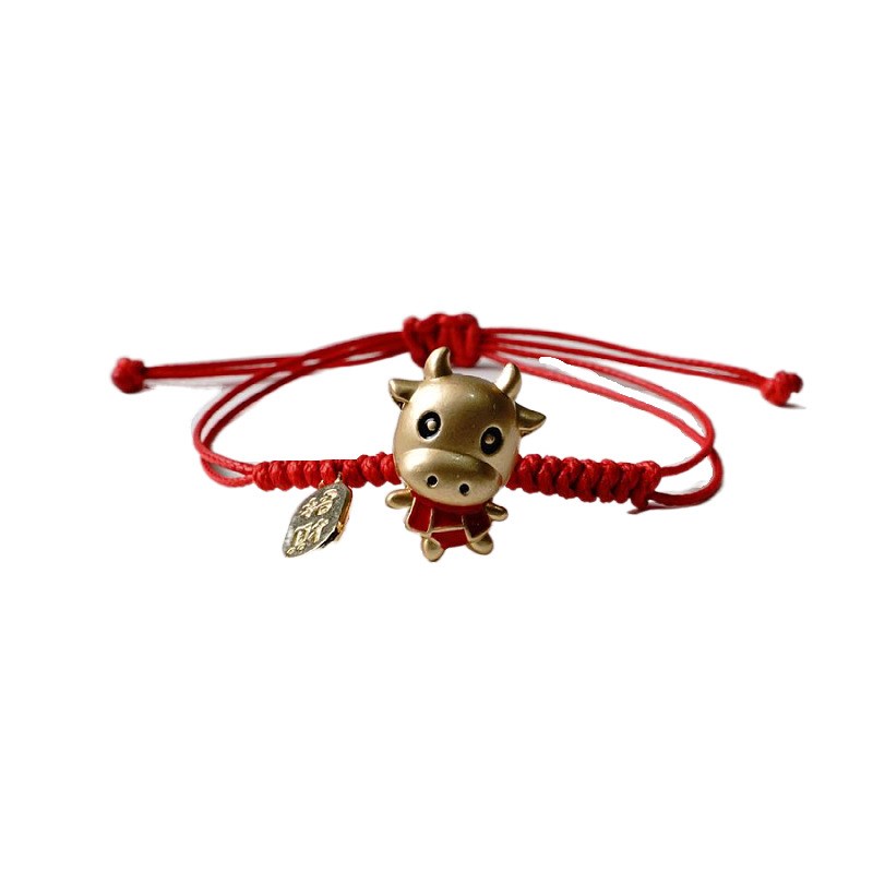 本命年红绳手链小众编织红色手绳可爱牛年小牛饰品可抽拉手链红色牛头