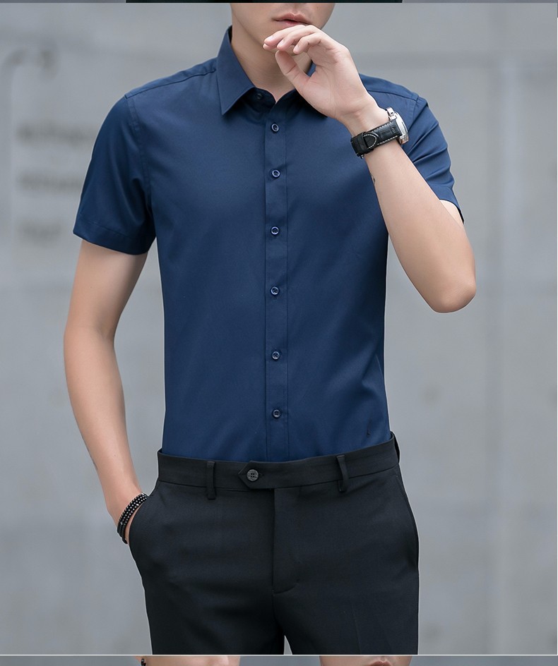 舒迪保罗衬衫男短袖夏季修身商务休闲纯白色职业工作服正装大码4s店