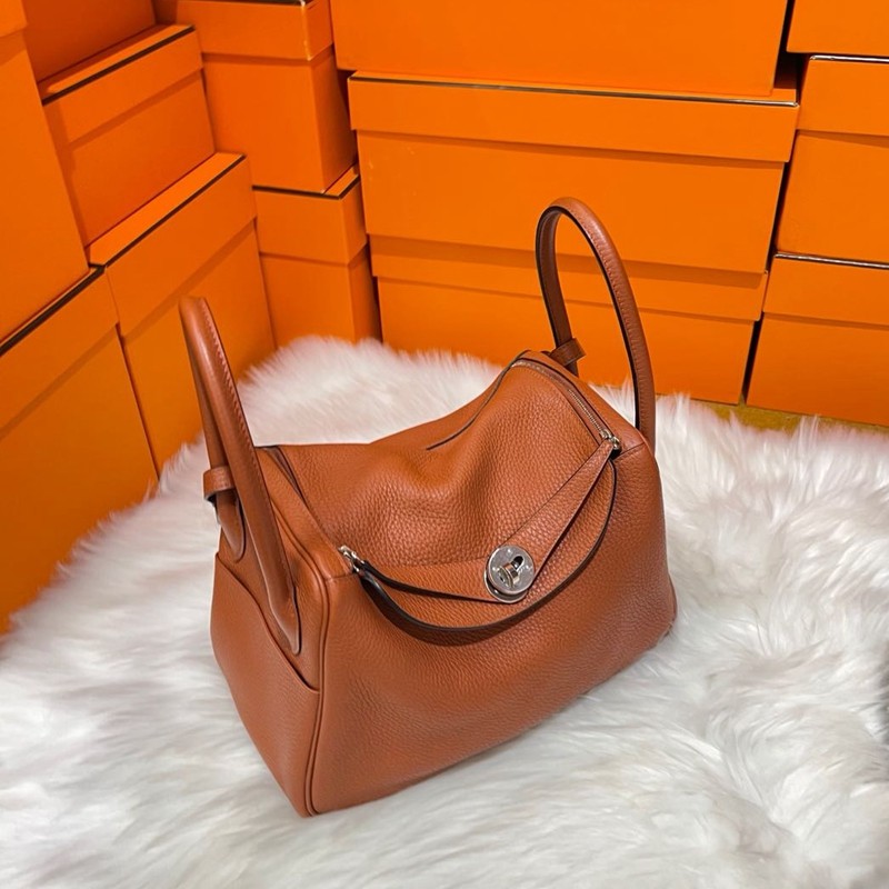 二手95新爱马仕hermeslindy26女士单肩包手提包枫叶红银扣tc皮a刻