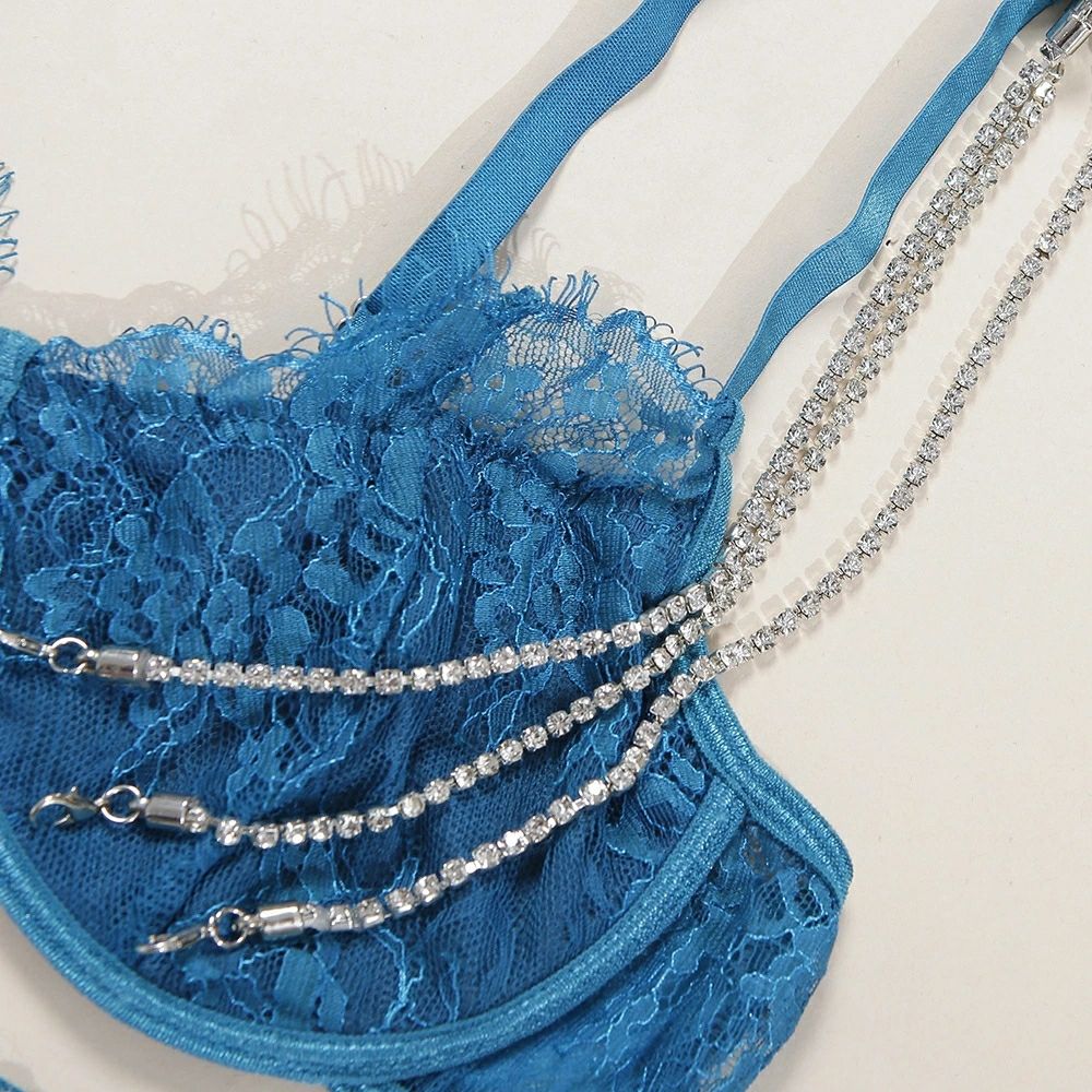 情绪内衣套装女性感ins欧美风钻石链条文胸两件装聚拢大胸黑s