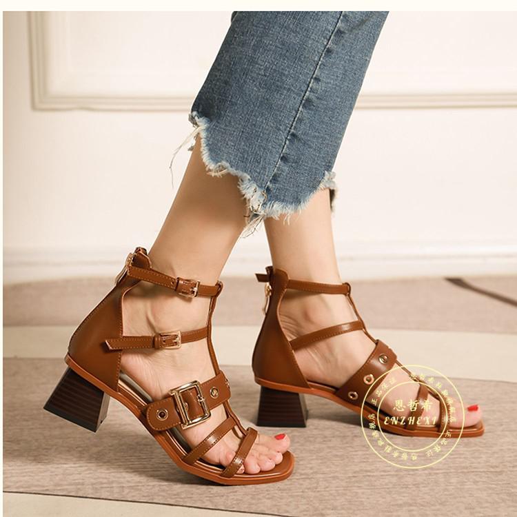 恩哲希品牌凉鞋女2021夏季新款复古罗马ins潮中跟粗跟休闲风高跟凉鞋