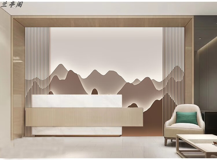 公司前台背景墙简约现代山水公司前台背景墙装饰壁画新中式轻奢美容院
