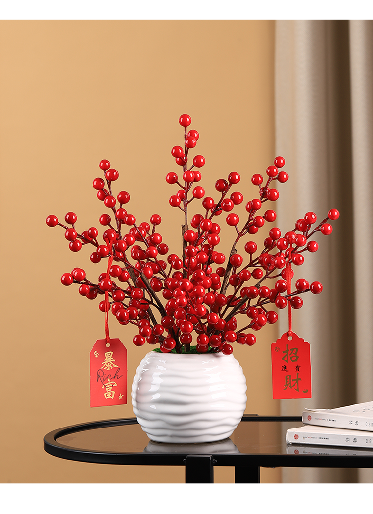 境坊间 仿真发财果冬青果新年福桶红色浆果入宅新居乔迁装饰红果发财