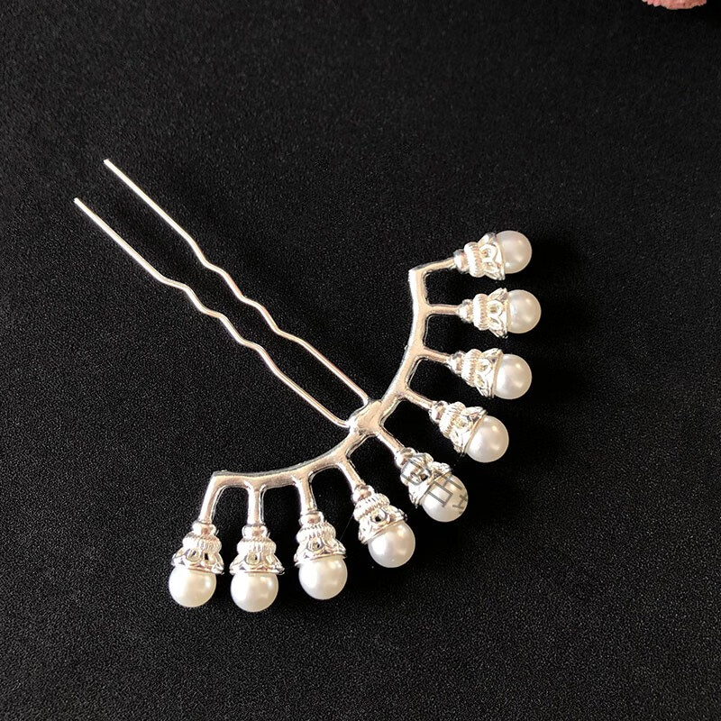 头饰古风发饰发冠套装珍珠排钗排簪珠钗发钗簪子明制古装配饰银色五珠