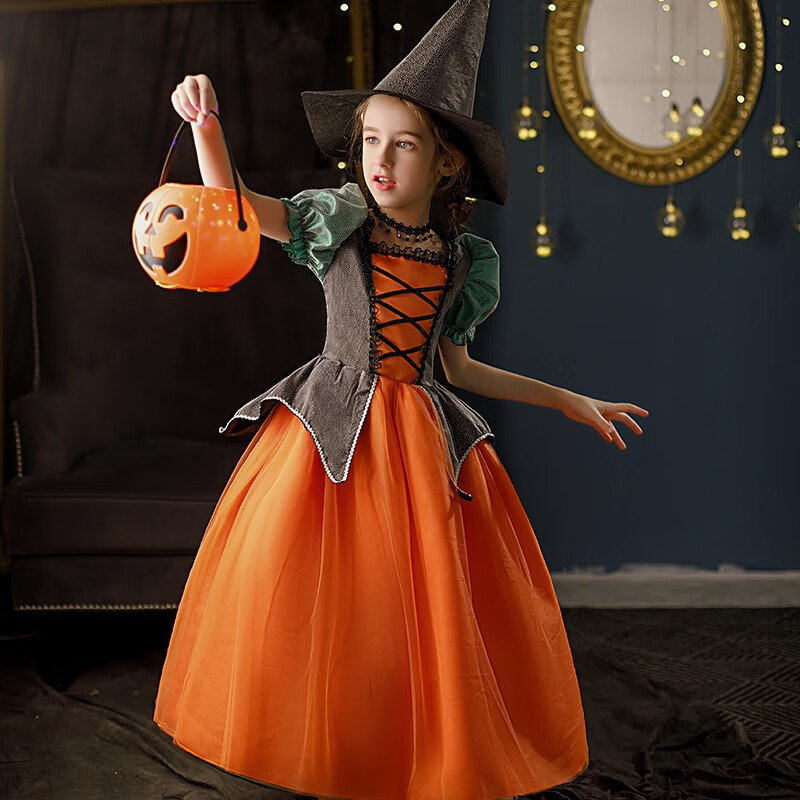 万圣节儿童服装女童cosplay服 儿童女巫装扮衣服南瓜公主裙子巫婆演出