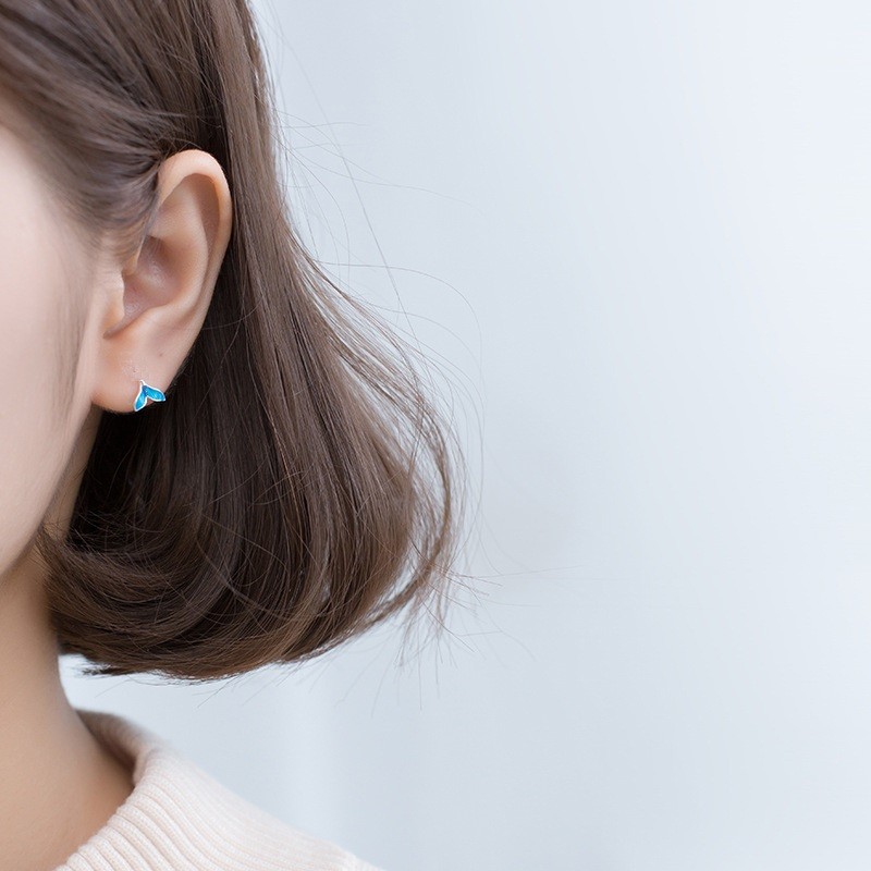 梦祥银美人鱼尾珐琅彩绘耳钉女ins小众设计高级感s925银耳饰