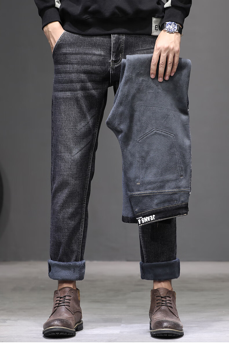 鳄鱼恤 crocodile 冬季加绒加厚牛仔裤男士直筒宽松抓绒加毛保暖大码