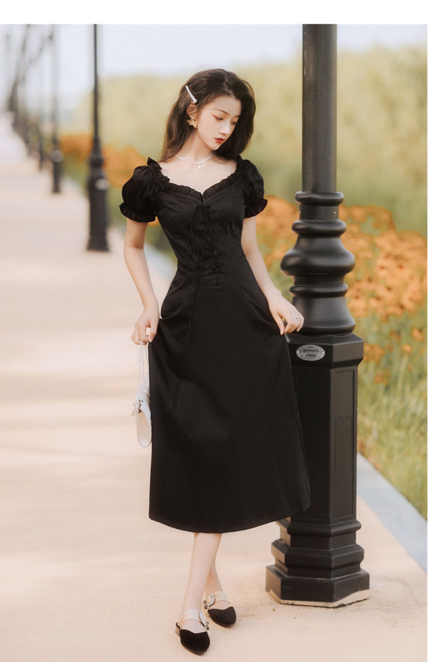 新品法式复古赫本风小黑裙连衣裙女2021新款夏季设计感小众宫廷风长裙