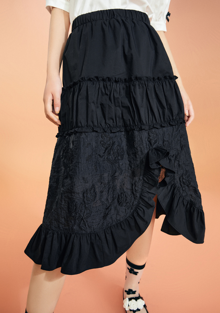 新品乐町半身裙中长款春夏款2021新款女气质开衩半身裙不规则黑色现货