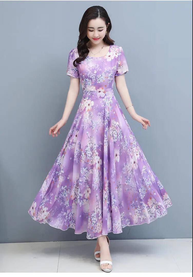 夏季新款短袖圆领印花中长款连衣裙显瘦遮肚气质冰丝a字裙女 随机发乱