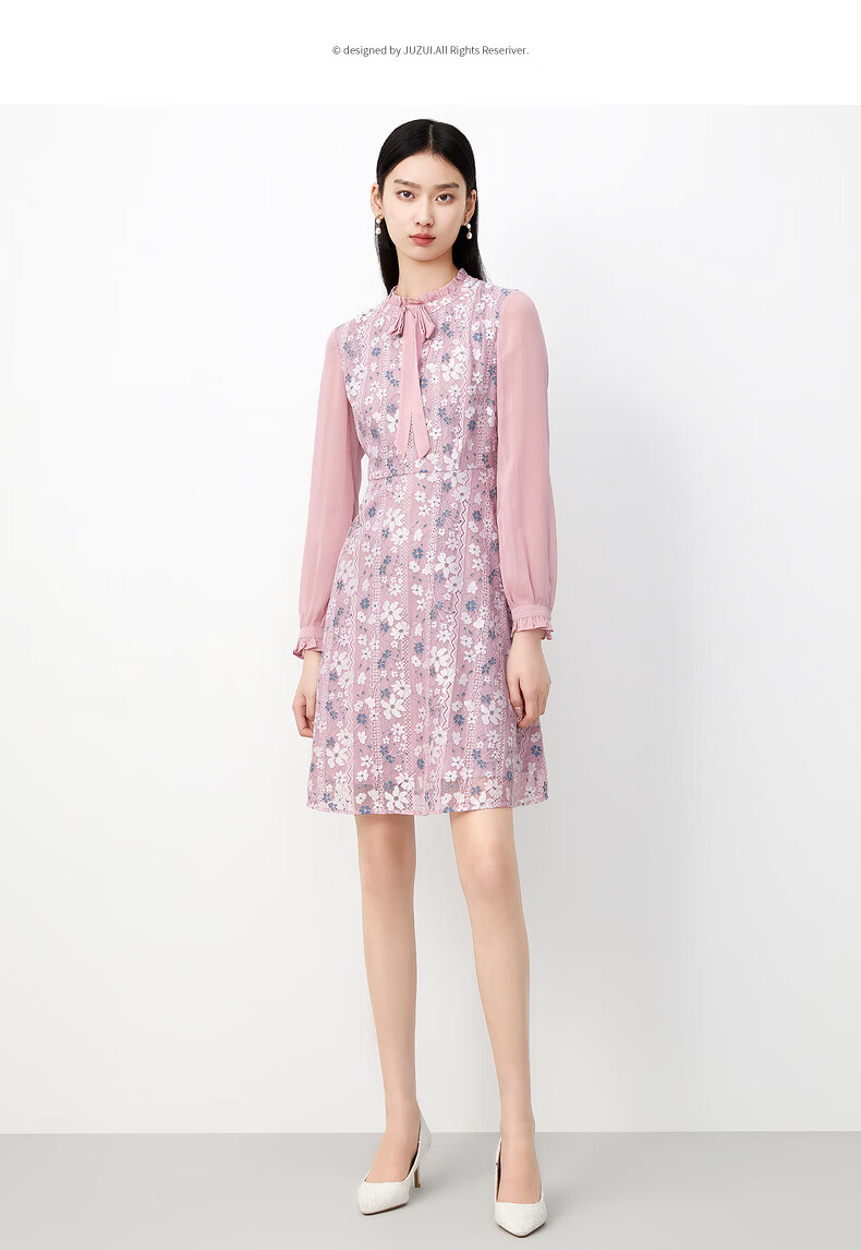 juzui/玖姿2021春季新款粉色蕾丝雪纺拼接收腰中长款女连衣裙 花粉红