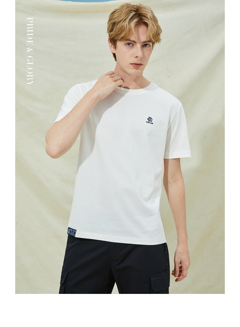 plory秋冬新款纯棉品牌logo刺绣男士休闲短袖t恤porab3705d白色180