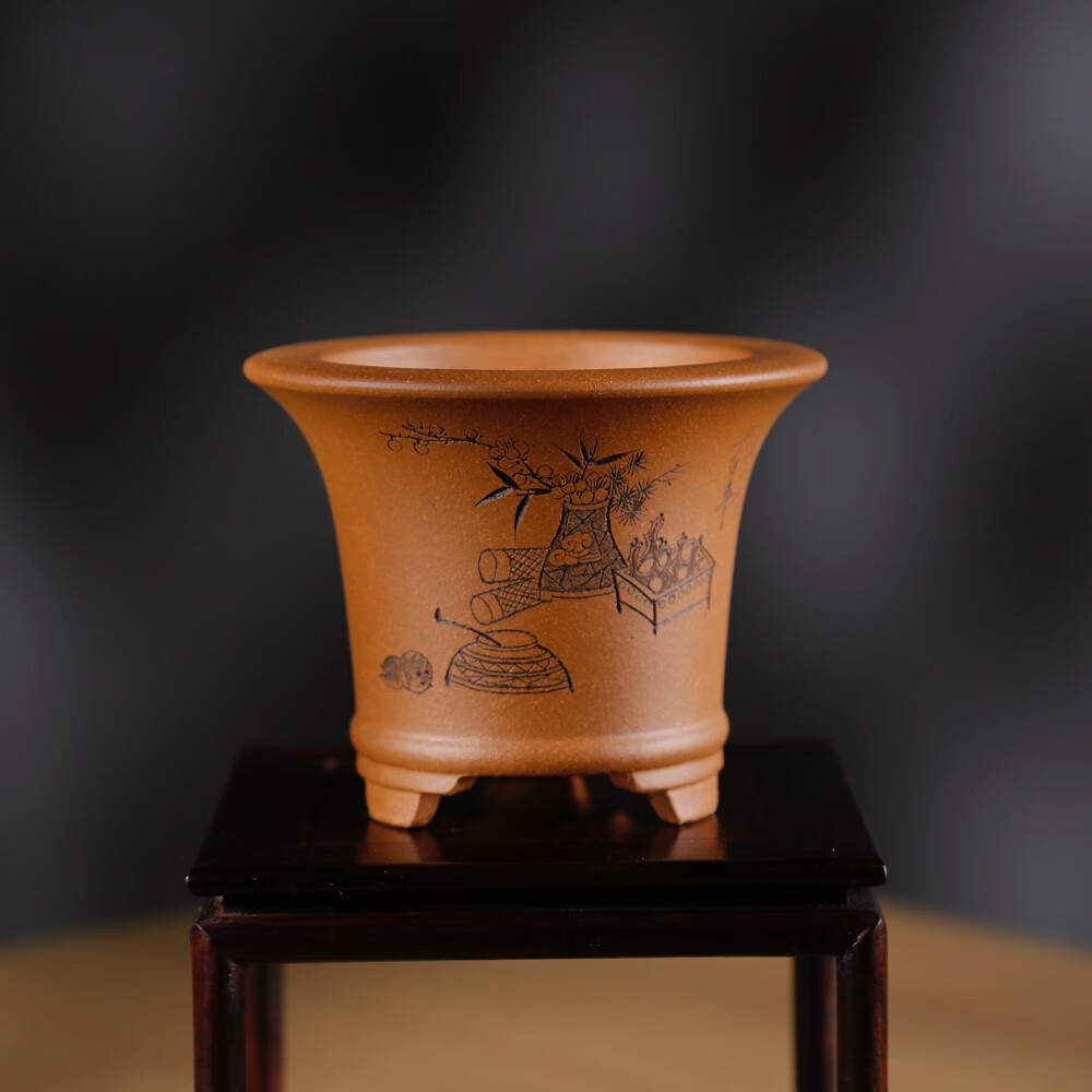 精工刻绘原矿降坡泥微型小号名家唯珍传统圆口精品紫砂盆景盆 款式