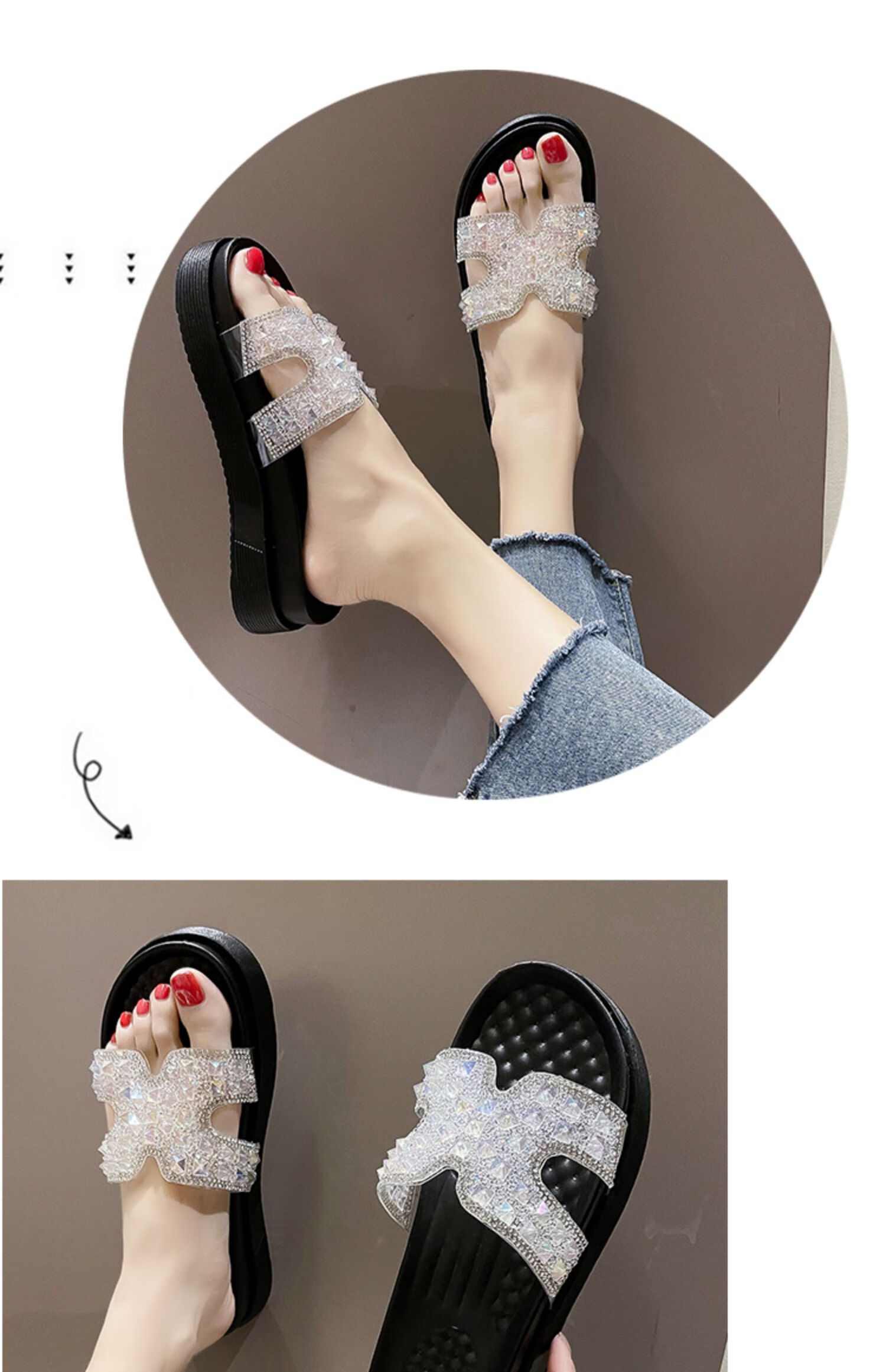 厚底拖鞋女夏季外穿2021年新款水钻可爱小香风可湿水沙滩凉拖 黑色 35