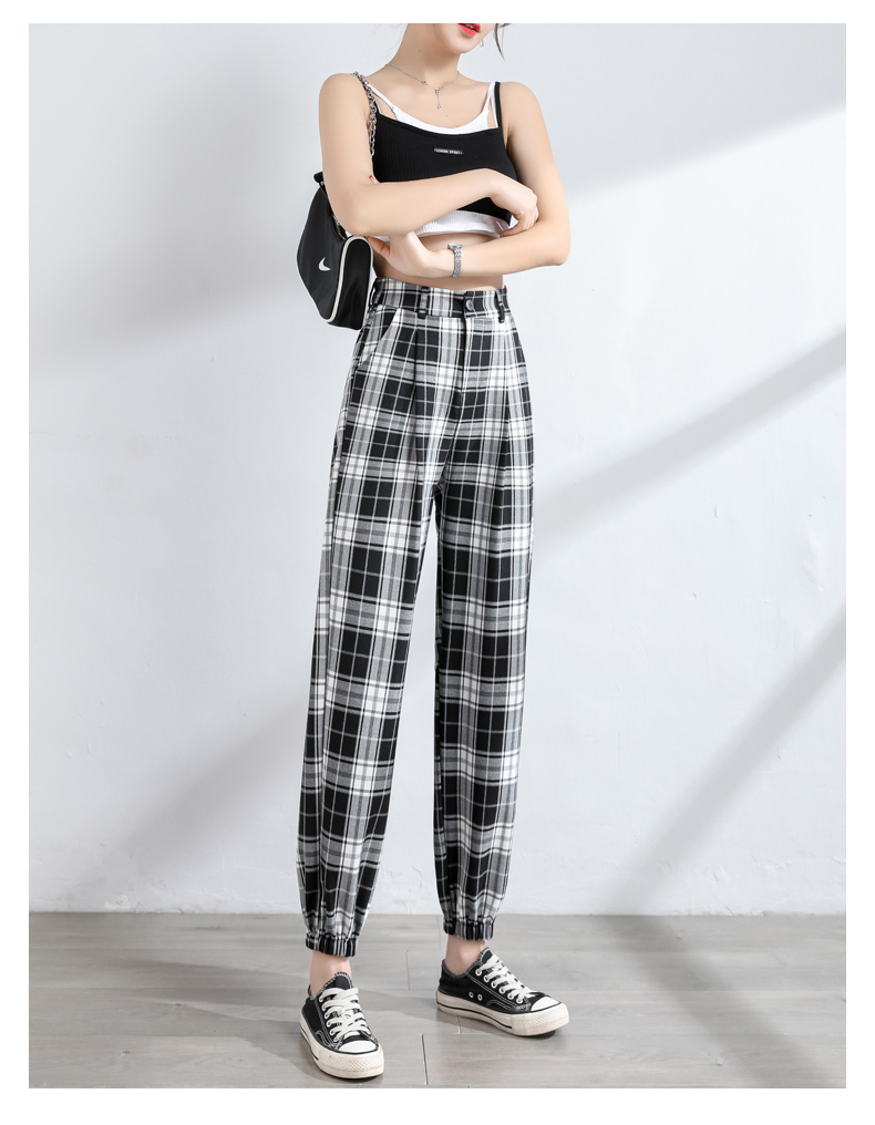 朵粉儿休闲格子裤女夏季薄款黑白宽松束脚九分哈伦裤网红格纹阔腿萝卜