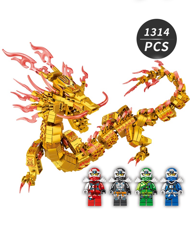 忍者拼装模型龙族系列拼插小颗粒积木人仔男孩玩具礼物黄金三头神龙