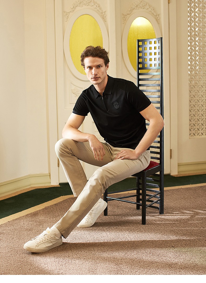 金利来奥特莱斯男装男士时尚拉链珠花狮子图案绣标polo短袖翻领t恤c青