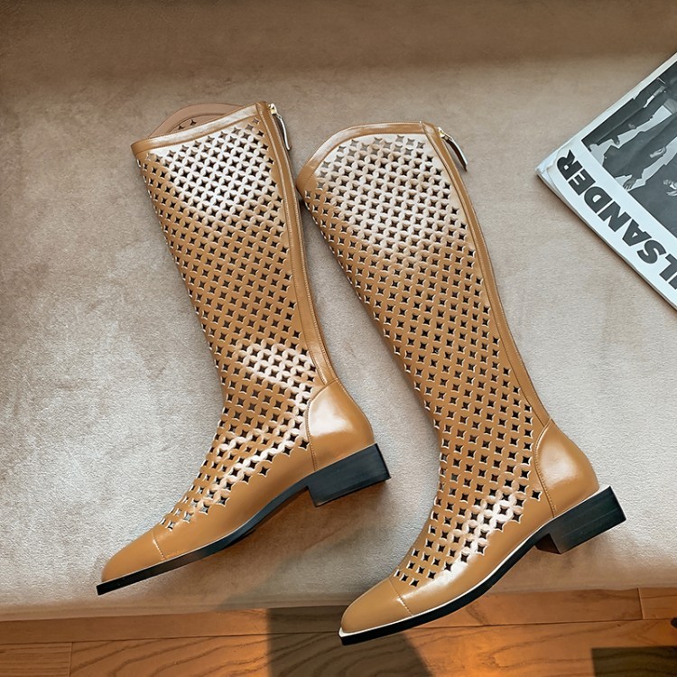 仓梵夏季镂空靴子女高筒复古牛皮西部牛仔靴真i皮透气打孔洞洞网格凉