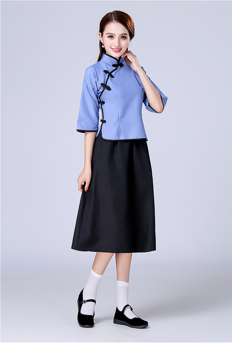 民国风女装合唱五四青年装两件套学生装复古舞蹈服装蓝色短裙s