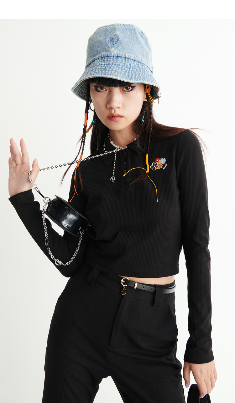 【商场同款】太平鸟女士时尚2021年春季新款短打polo领针织衫 黑色 l