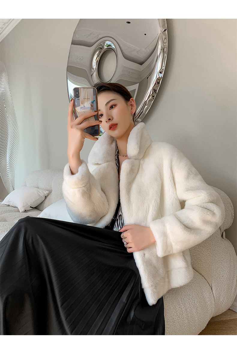 欧迪鸟品牌女装貂皮大衣女2022春季新款短款西装领水貂皮草外套白色l