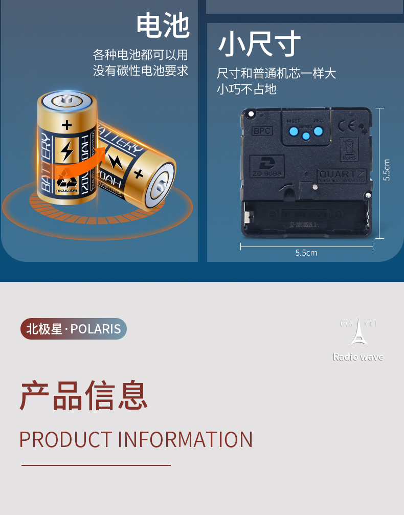 北极星polaris方形电波钟大尺寸自动对时电子万年历客厅挂钟现代简约