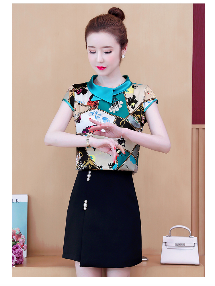 杭州丝绸缎面女短袖t恤夏装气质碎花上衣韩货洋气小衫q绿色m