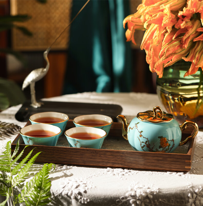 夫人瓷西湖蓝15头中国风g20峰会茶具套装 陶瓷家用泡茶杯茶漏盖碗