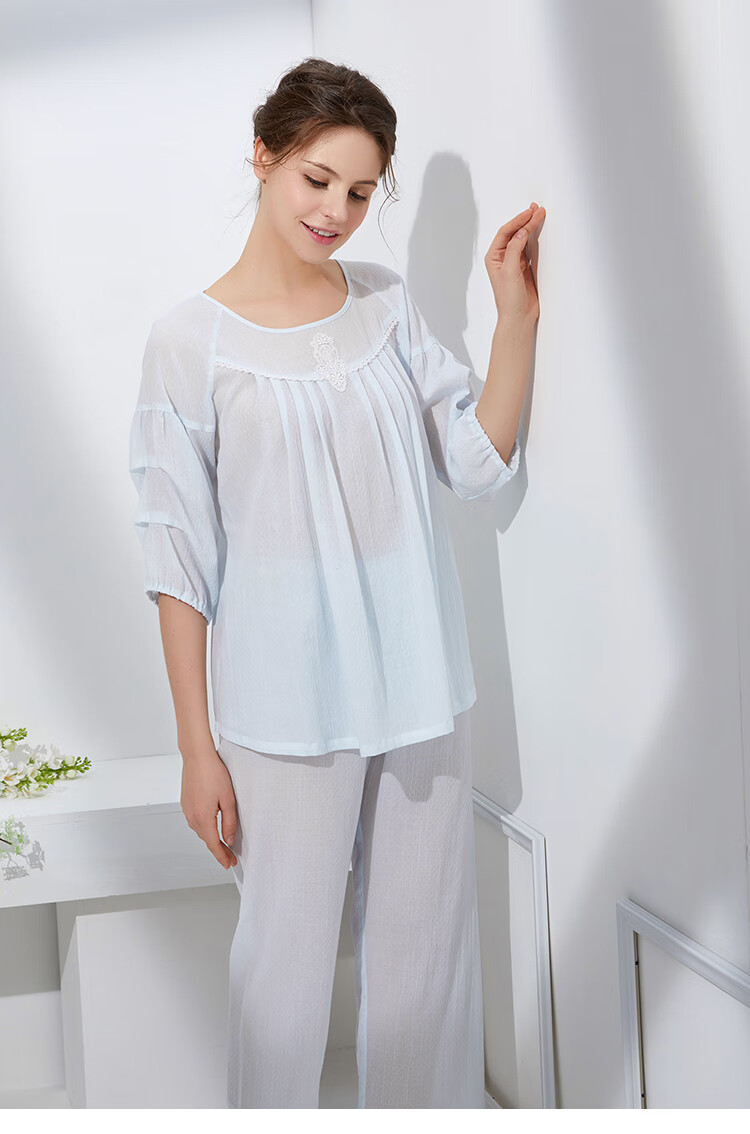 伊丝芬睡衣女士夏季可外穿提花中袖套头褶皱飘逸九分裤高端蓝色粉红