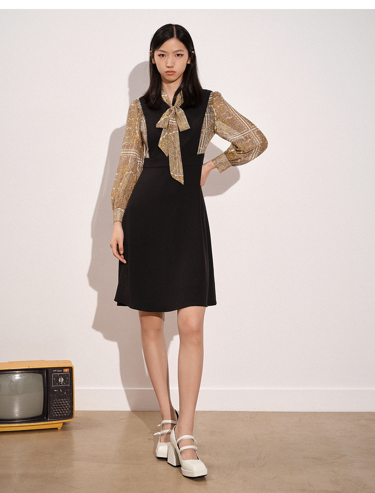 psalter诗篇影儿女装2021秋季新款复古风立体灯笼袖印花假两件连衣裙