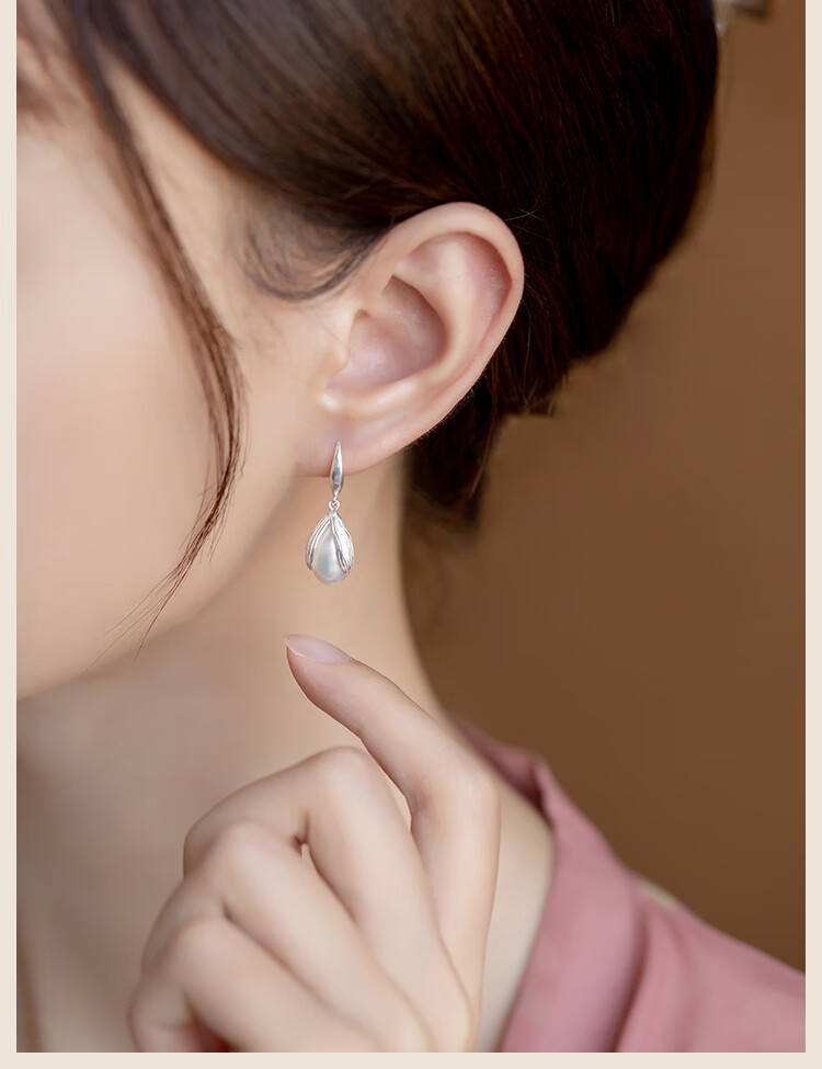 六福耳钉天然淡水珍珠耳环s925纯银耳环女复古耳饰女耳坠鎹妈妈【图片