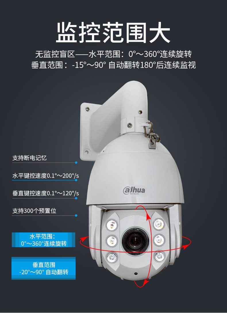 球機 200萬高清變倍變焦150米紅外戶外360度全景監控攝像頭dh-sd6220