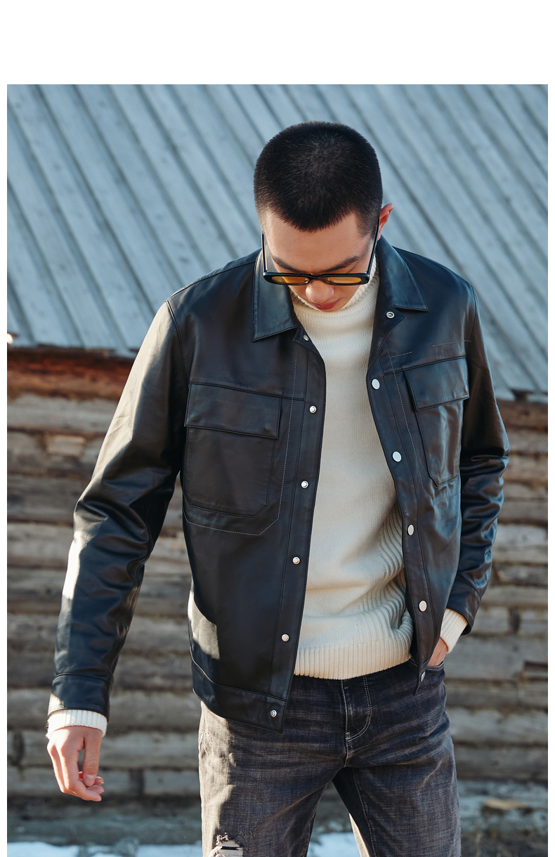 卡宾男装黑色休闲黑色皮衣外套秋冬新款潮流休闲简约真皮软a 煤黑色01