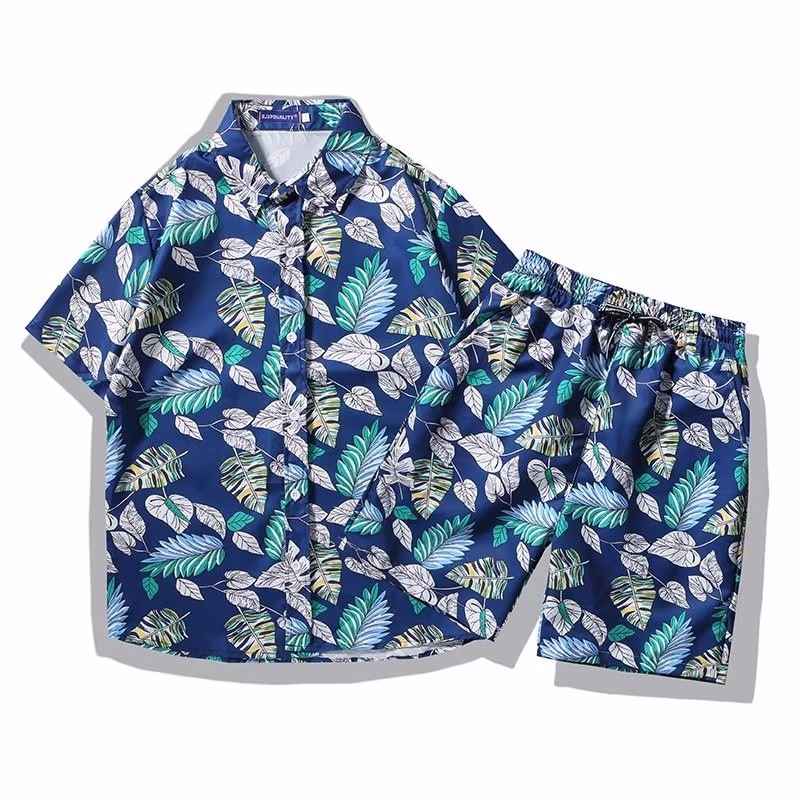 Casual Printed Shirt Men's Summer Beach Shorts Short-sleeved Two-piece Suit Loose Trend Handsome Hawaiian Vacation Shirt Men_viptrois.com