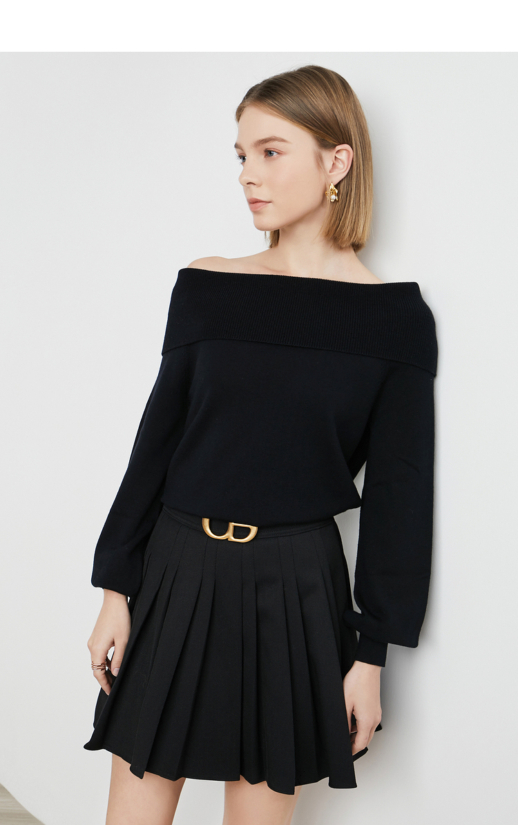 obbligato奥丽嘉朵春季新款黑色一字领宽松羊腿袖绵羊毛上衣女黑色s36