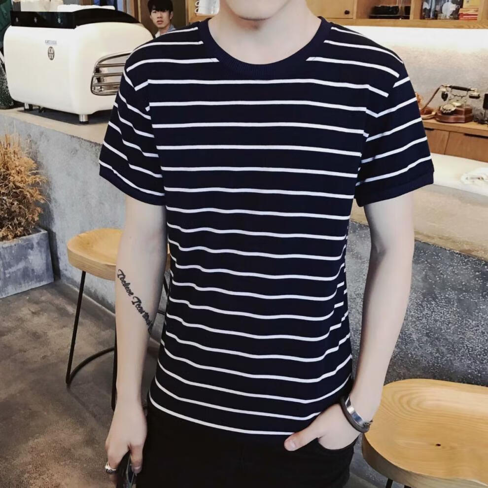 黑白条纹短袖t恤男斑马线衣服青少年半袖学生夏季上衣服百搭春装t12黑
