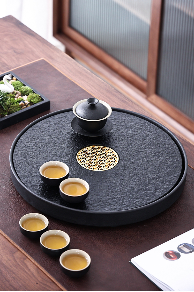 陶尚吟特大圆满陶瓷天然乌金石圆形茶盘储排水两用式现代简约家用办公