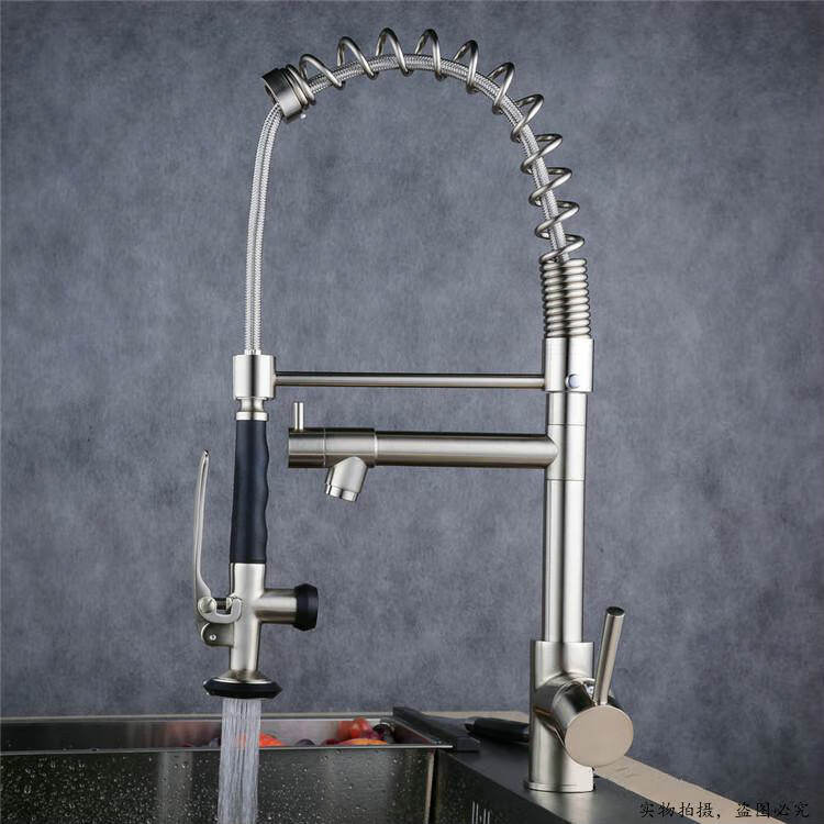 美式全铜高压拉丝弹簧厨房水龙头抽拉式冷热水槽洗菜盆旋转双出水a款
