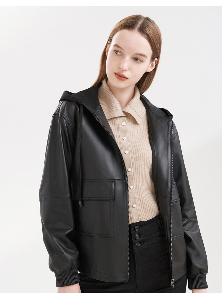 psalter诗篇女装2020冬季新款时尚拼接连帽工装夹克皮衣外套黑色40