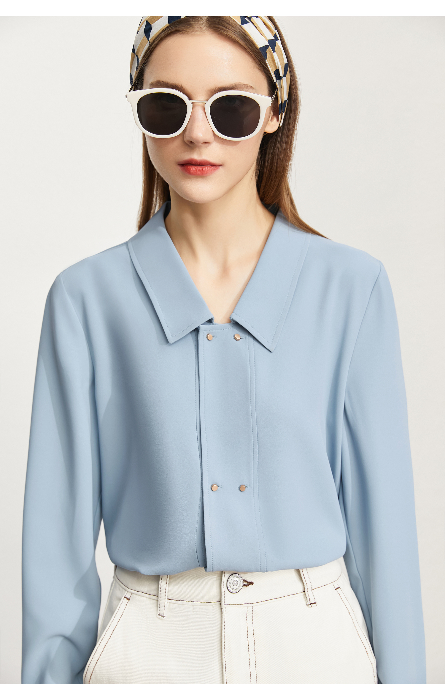 amii极简设计感v领衬衫女2021秋新款设计感衬衣宽松长袖上衣米白170