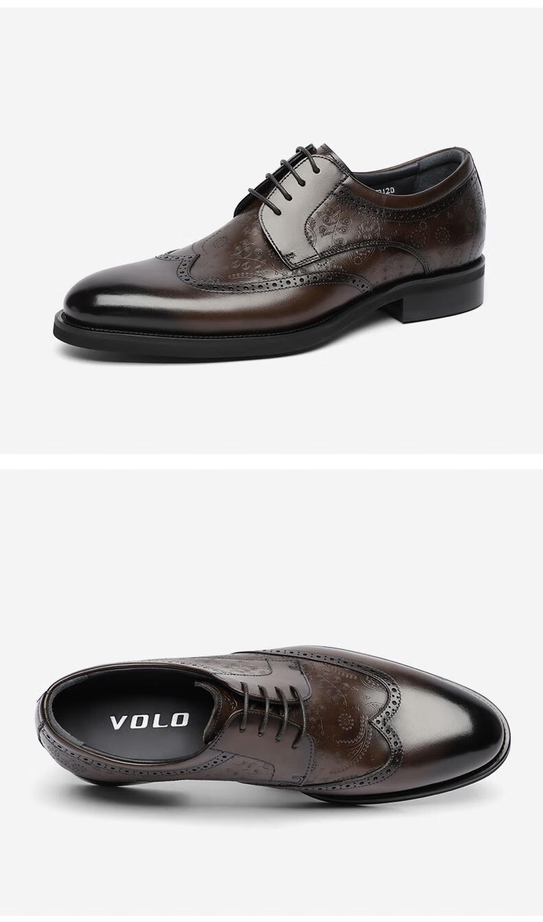 volo犀牛男鞋夏季轻奢高端商务正装鞋男士布洛克英伦风皮鞋棕色