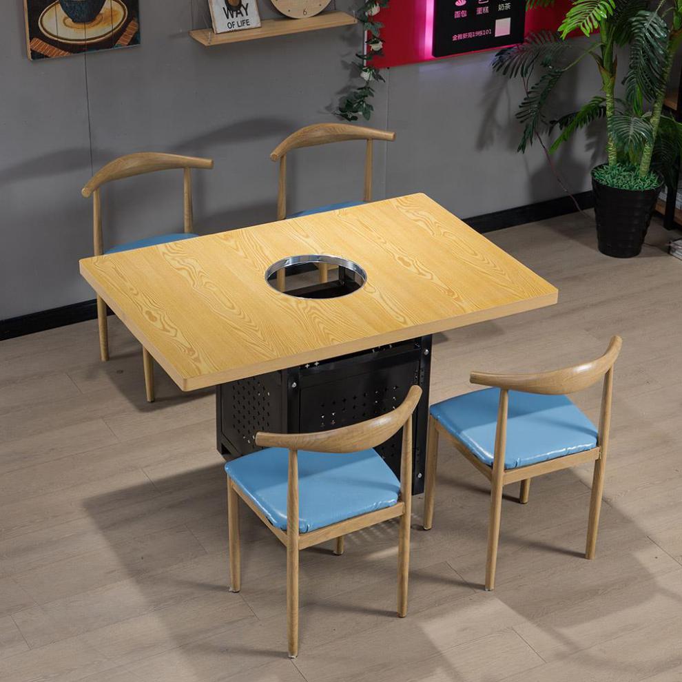 雯愃餐馆用火锅桌子电磁炉一体煤气灶涮烤肉串串香火锅店桌椅组合实木